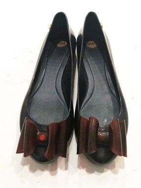 Mel Dreamed by Melissa Women sz 6 Jelly Black Ballet Flat Shoes with Brown Bows